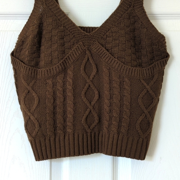 Cropped Cable Knit Wide Strap V-neck Sweater Tank Top Brown Small - Picture 4 of 7